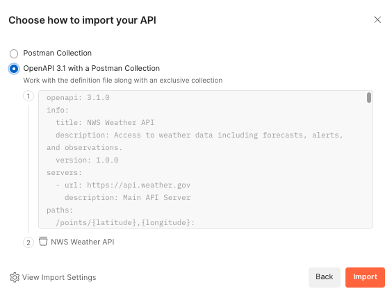 Choosing to import your API with Postman