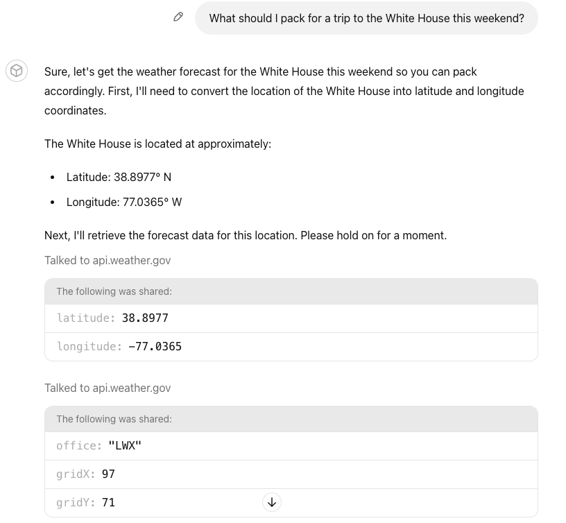 The response to the above ChatGPT request, including weather data
