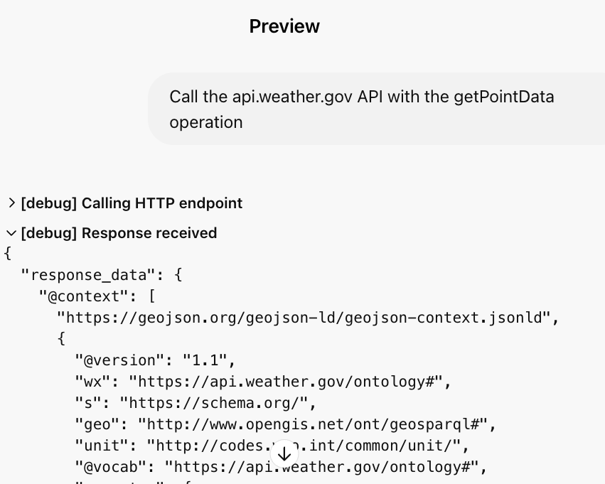 A preview response from testing the weather API call